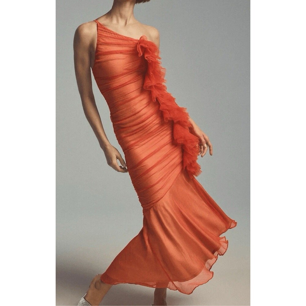 Vineet Bahl Anthropologie NWT Peach Ruched One Shoulder Ruffle Maxi Dress S